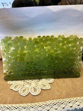 Vintage Retro Green Floral Plastic Napkin Holder / Mail Organizer - Daisy Flower